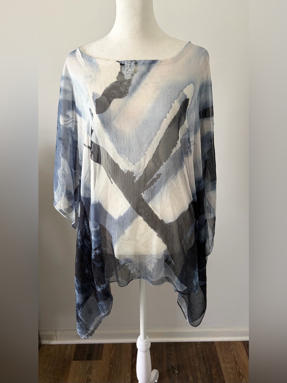 Sheer Watercolor-Print Women's Poncho Blouse with Lace Onlay
